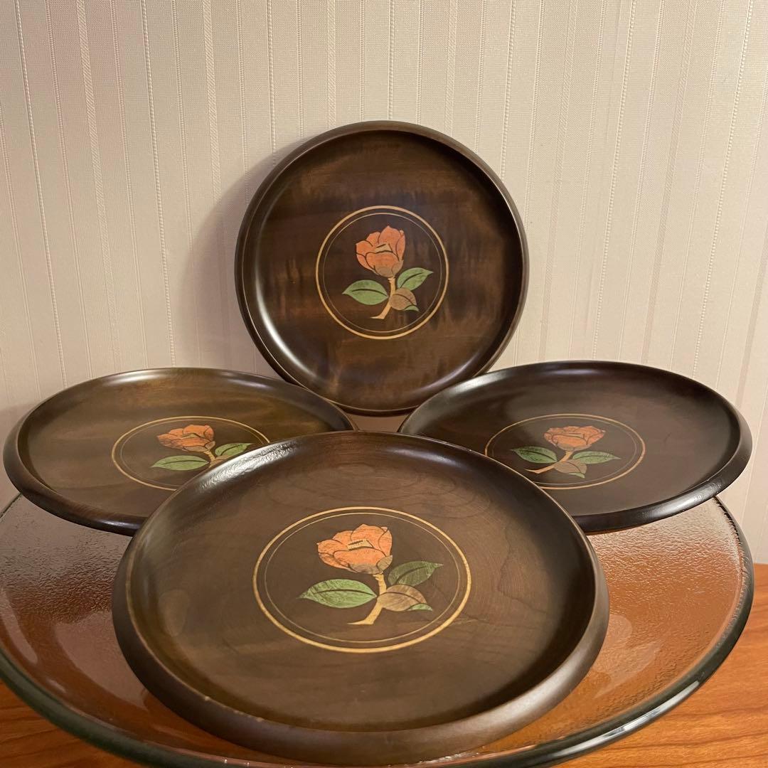 ✨美品✨薔薇柄 天然木(檜)製 皿 4個セット