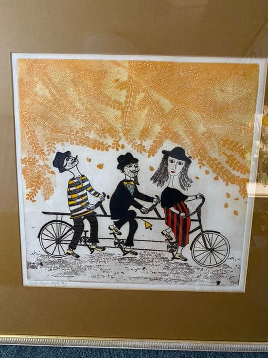 絵画　秋サイクリング 版画　銀杏　リトグラフ