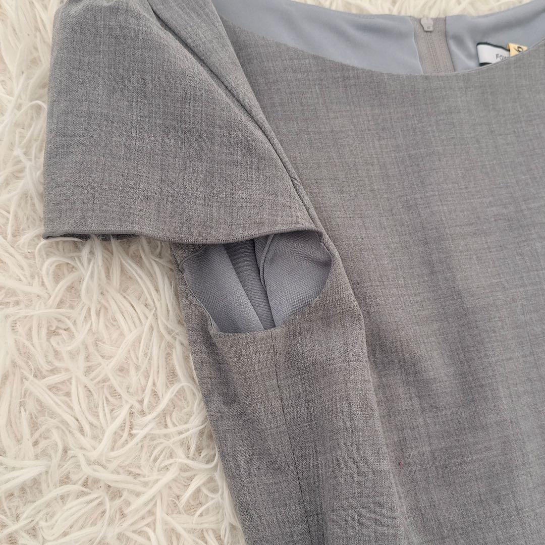 フォクシー✨ギャザー ワンピース フレンチスリーブ プリーツ 膝丈 グレー 40