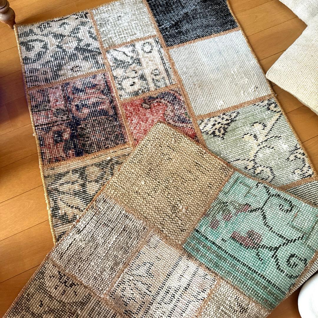 56×122 ブラウンステッチ　パッチワークラグ　トルコヴィンテージラグ