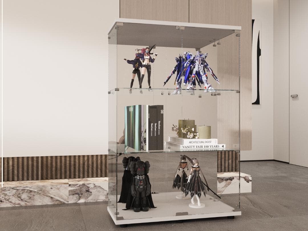 【新品】人気No.1！3段ワイドガラスケース白｜背面ミラー仕様｜フィギュア棚