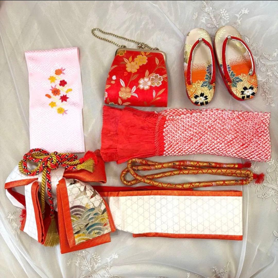 【高級】お宮参り 七五三 3歳 着物セット 紅白 金駒刺繍 絞り