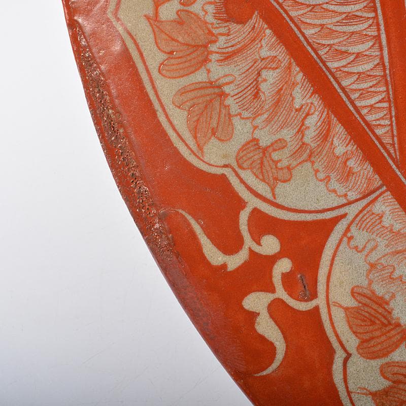 九谷焼　古九谷　赤絵　人物文　大皿　飾皿　角福銘　直径約36cm　MR7218B