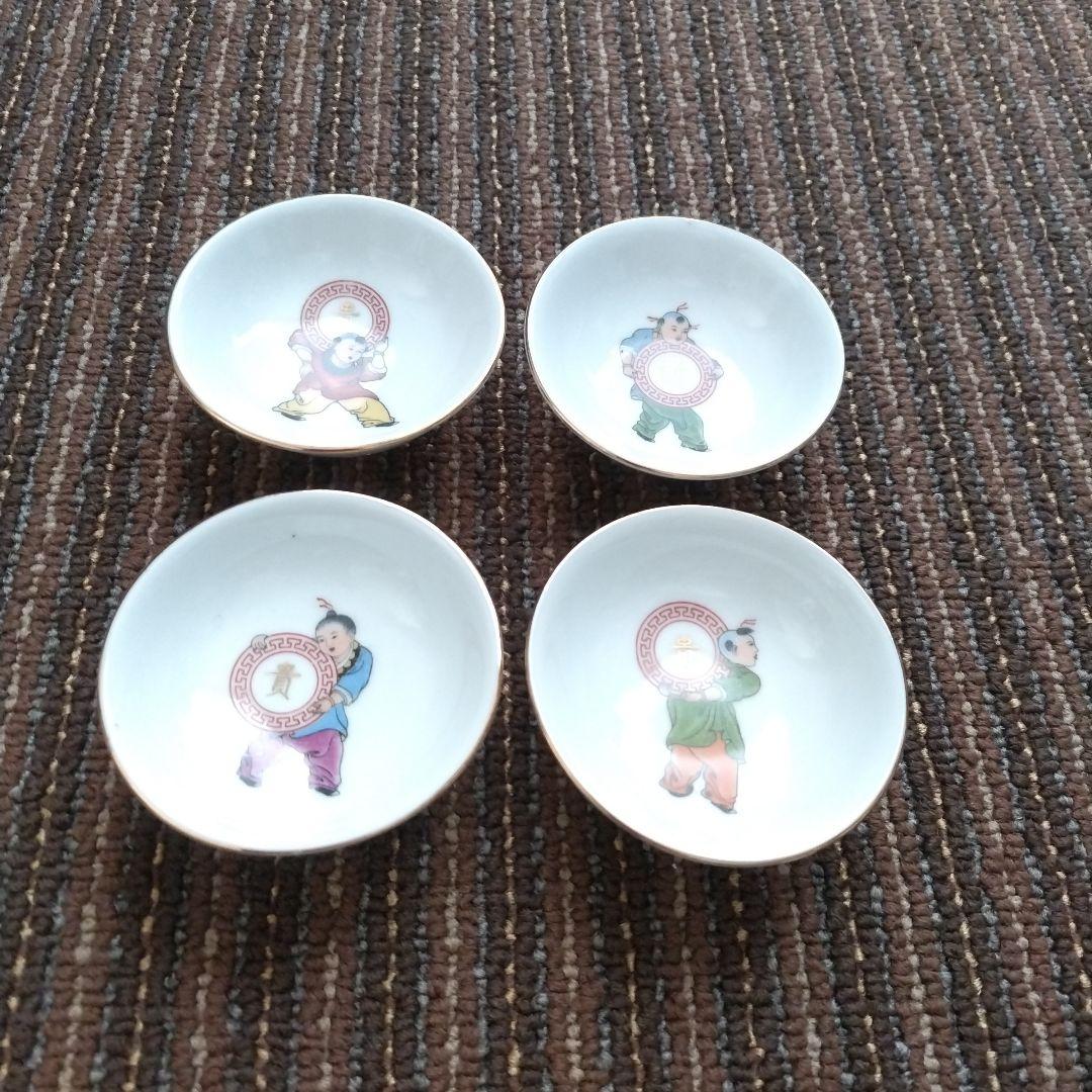 【美品】中国景徳鎮　「貴」金文字　唐子／童子　豆皿　４枚セット
