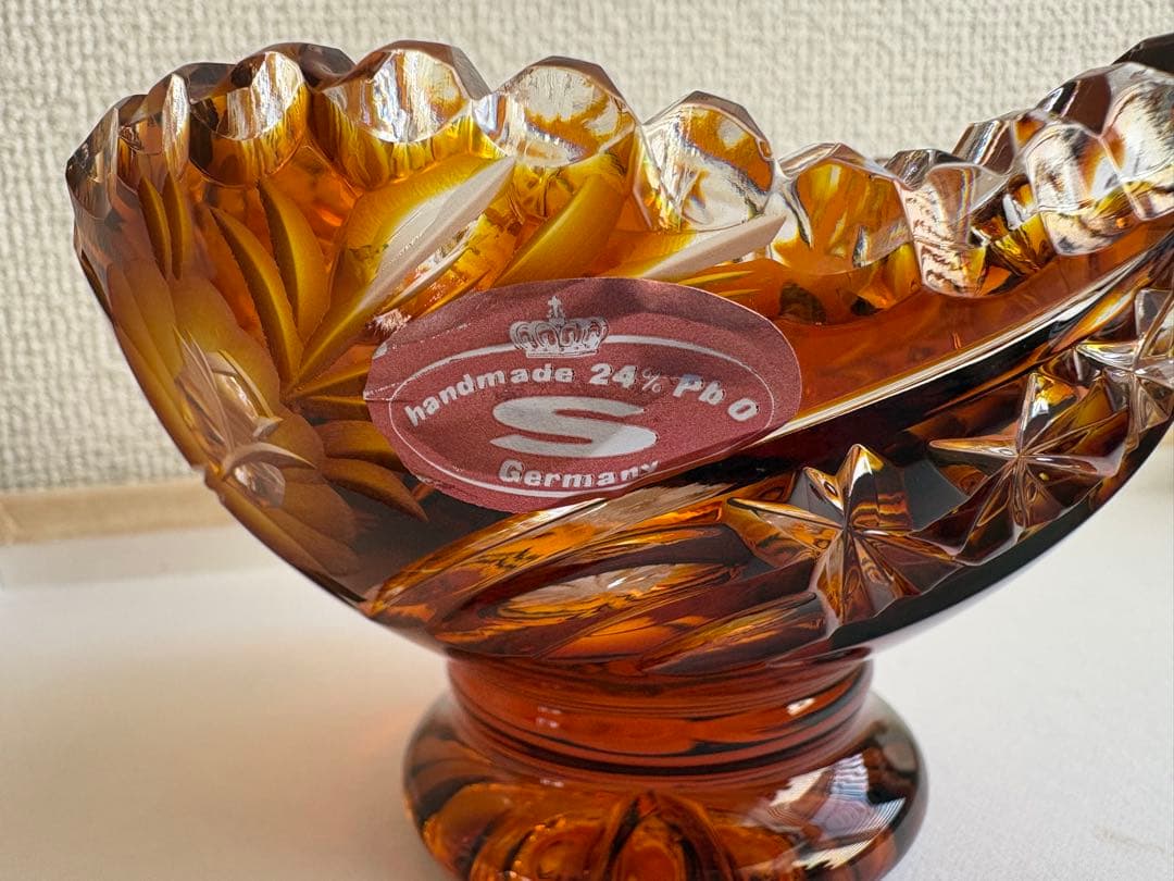 ドイツ製 ハンドメイド 24% PbO クリスタルガラス アンバー カットボウル