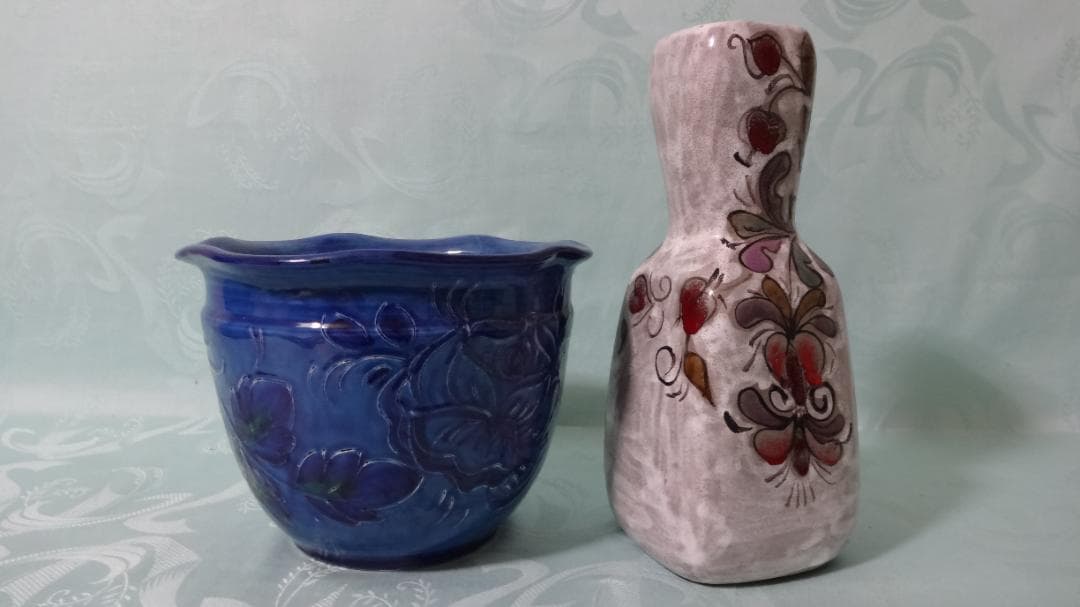 稀少 レア 1点物 イタリア製 HAND MADE サイン付花瓶　藍色鉢カバー