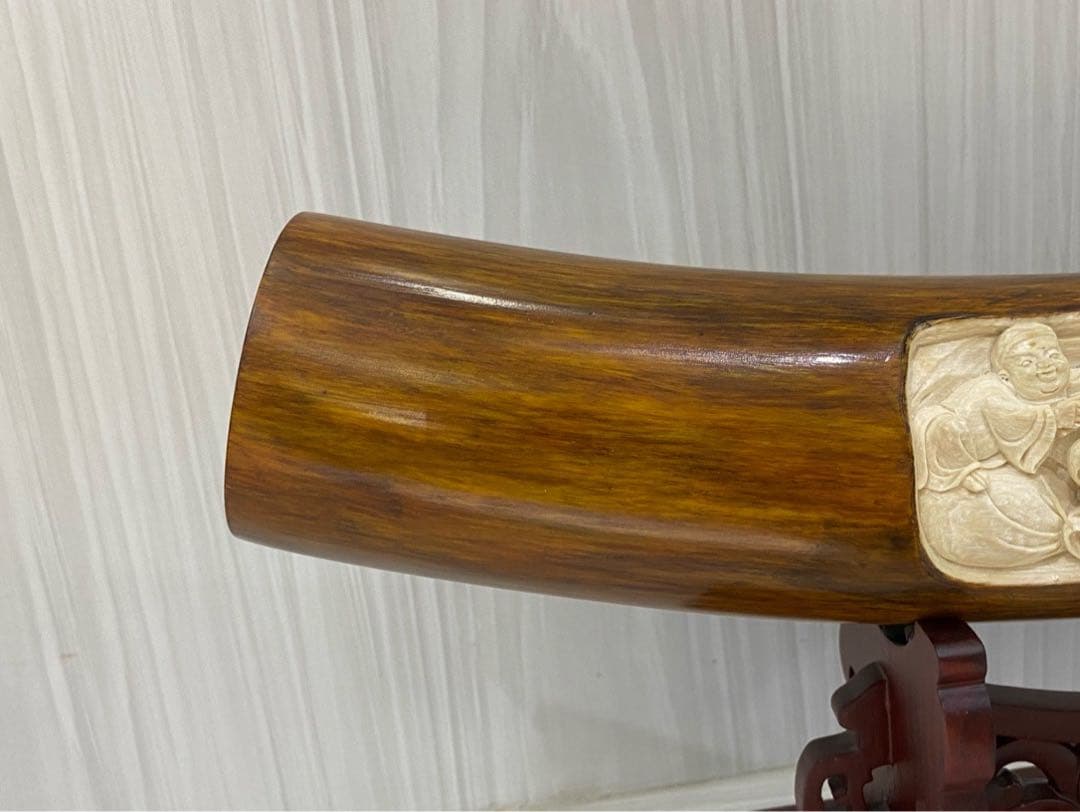 天然マンモス牙美しい手作り彫刻 童子戯弥勒 置物飾り