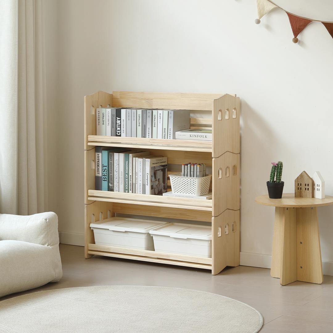 【新品】天然木製絵本棚 三段 スリム 組み合わせ自由