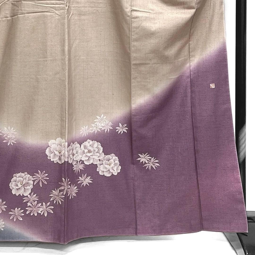 訪問着　紬　花模様　縦縞　銀通し　グラデーション　着物　103 d