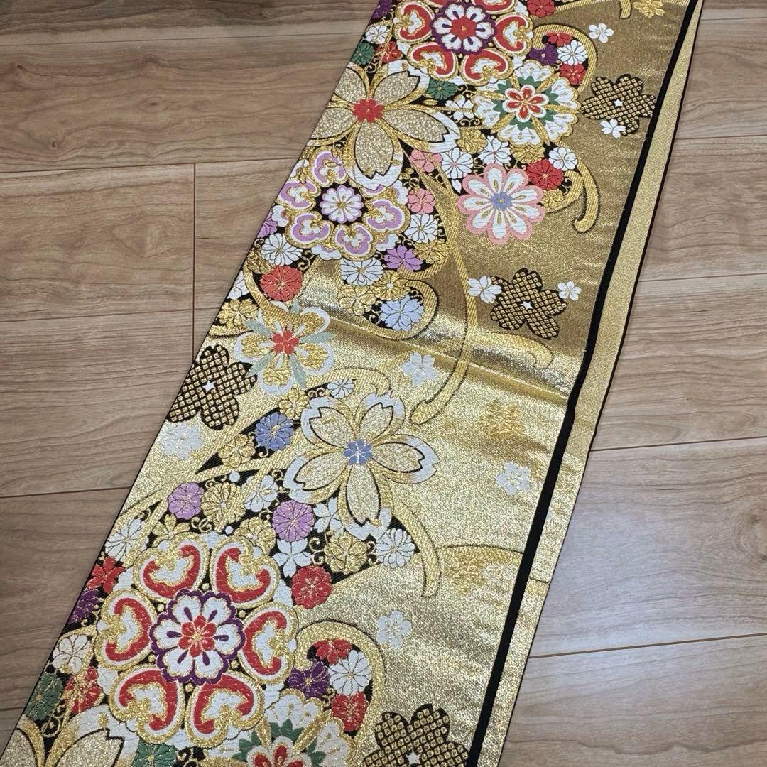 超美品　正絹　袋帯　六通　着物　振袖用　成人式　443 金　黒　白　桜　ピンク