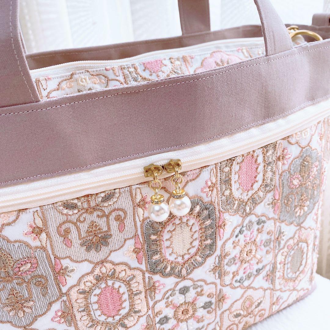 インド刺繍生地 くすみピンク 3ルームフリルトート⑅⿻ ハンドメイド