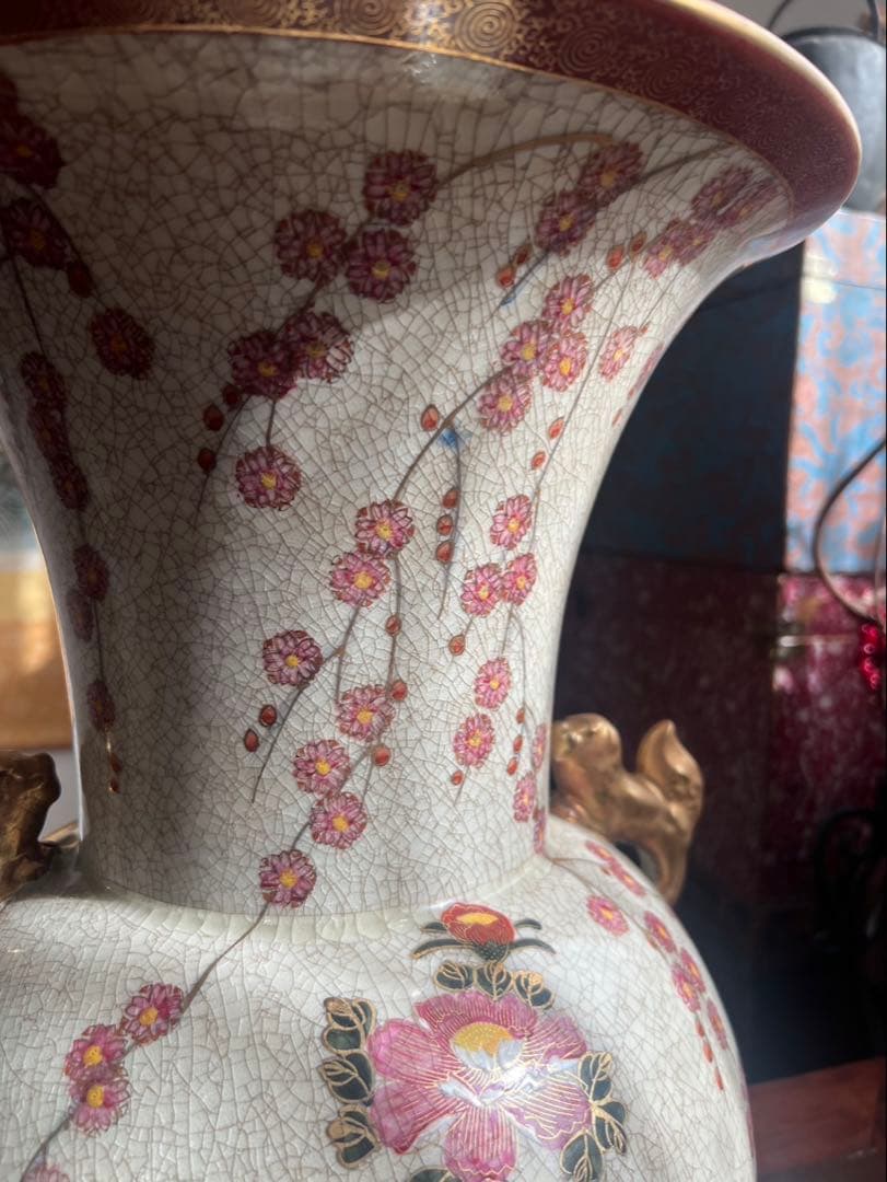 薩摩焼 壺 大型 双耳花瓶 飾壺 獅子耳 花柄 金彩 両耳付 花瓶