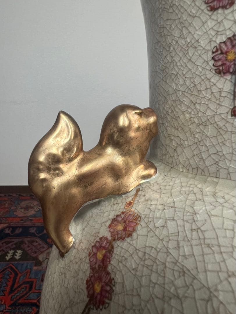 薩摩焼 壺 大型 双耳花瓶 飾壺 獅子耳 花柄 金彩 両耳付 花瓶