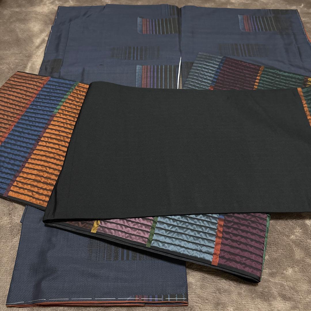 希少モデルサイズ　かっこいいセットしつけ糸付未使用大島紬　未使用お洒落袋帯