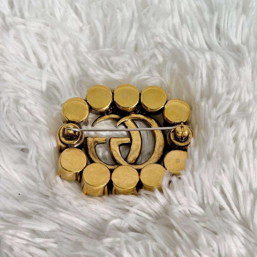 【美品】 グッチ ブローチ クリスタル メタル GG ダブルG シルバー