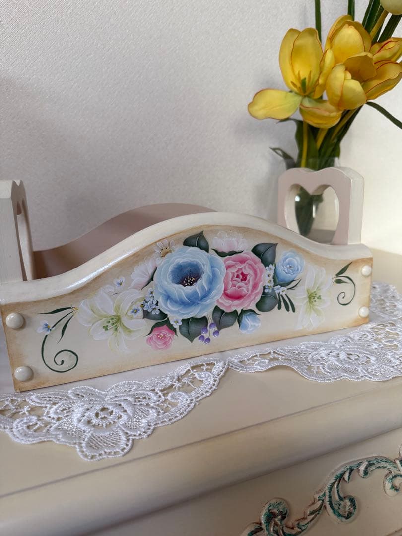 トールペイント作品　花柄木製トレイ