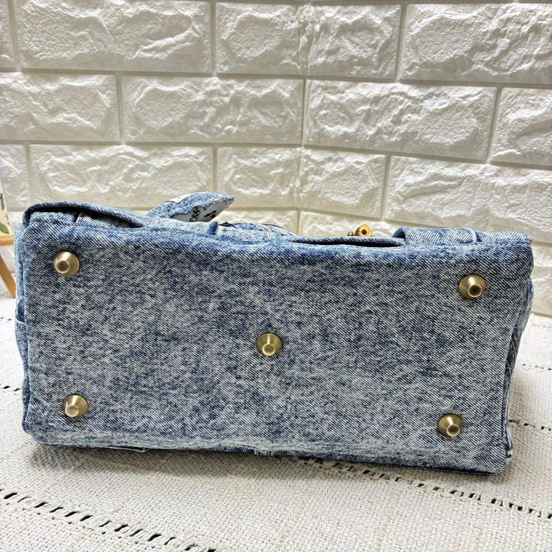 デニムリメイク　編み込みトートバッグ⭐︎バンブー持ち手⭐︎2連ハートチャーム付き