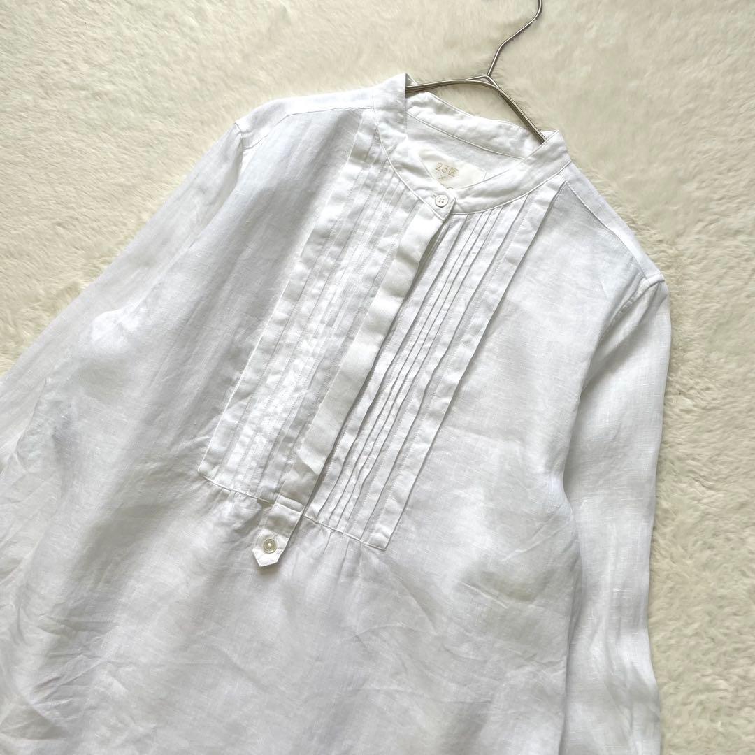 大きいサイズ 23区LIBECOリネンバンドカラーブラウス ピンタック 44白