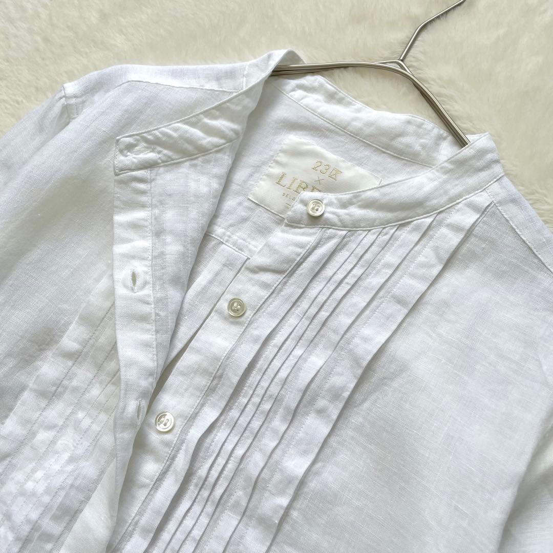 大きいサイズ 23区LIBECOリネンバンドカラーブラウス ピンタック 44白