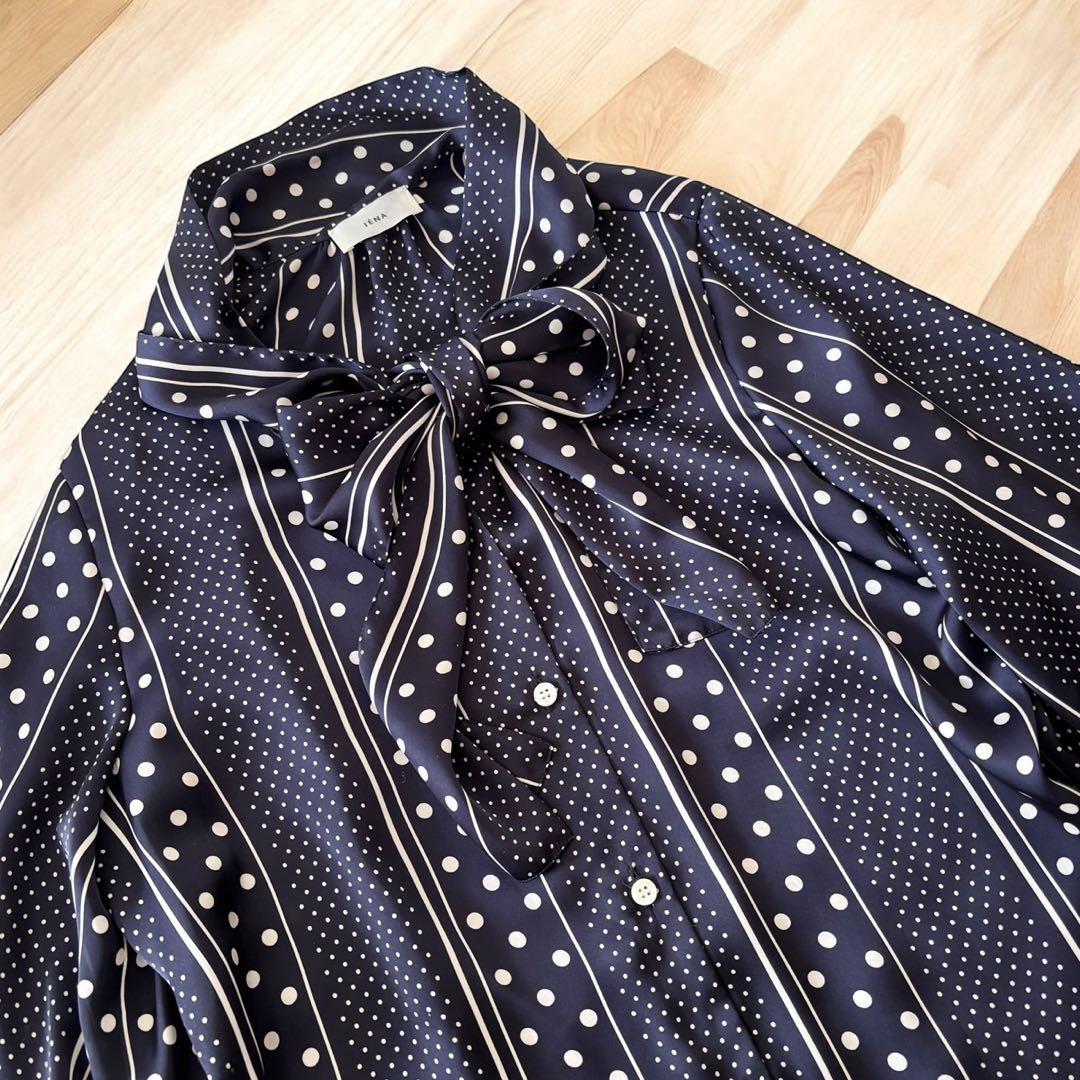 IENA イエナ ボウタイVネックブラウス ネイビー ドット柄 日本製