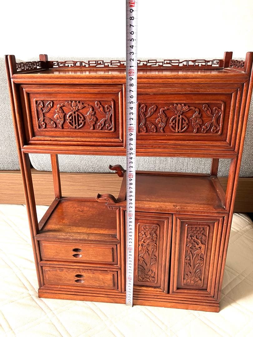 美品 唐木家具 本花梨 総無垢 茶棚 高級 茶道具 飾り棚 彫刻 煎茶道具骨董