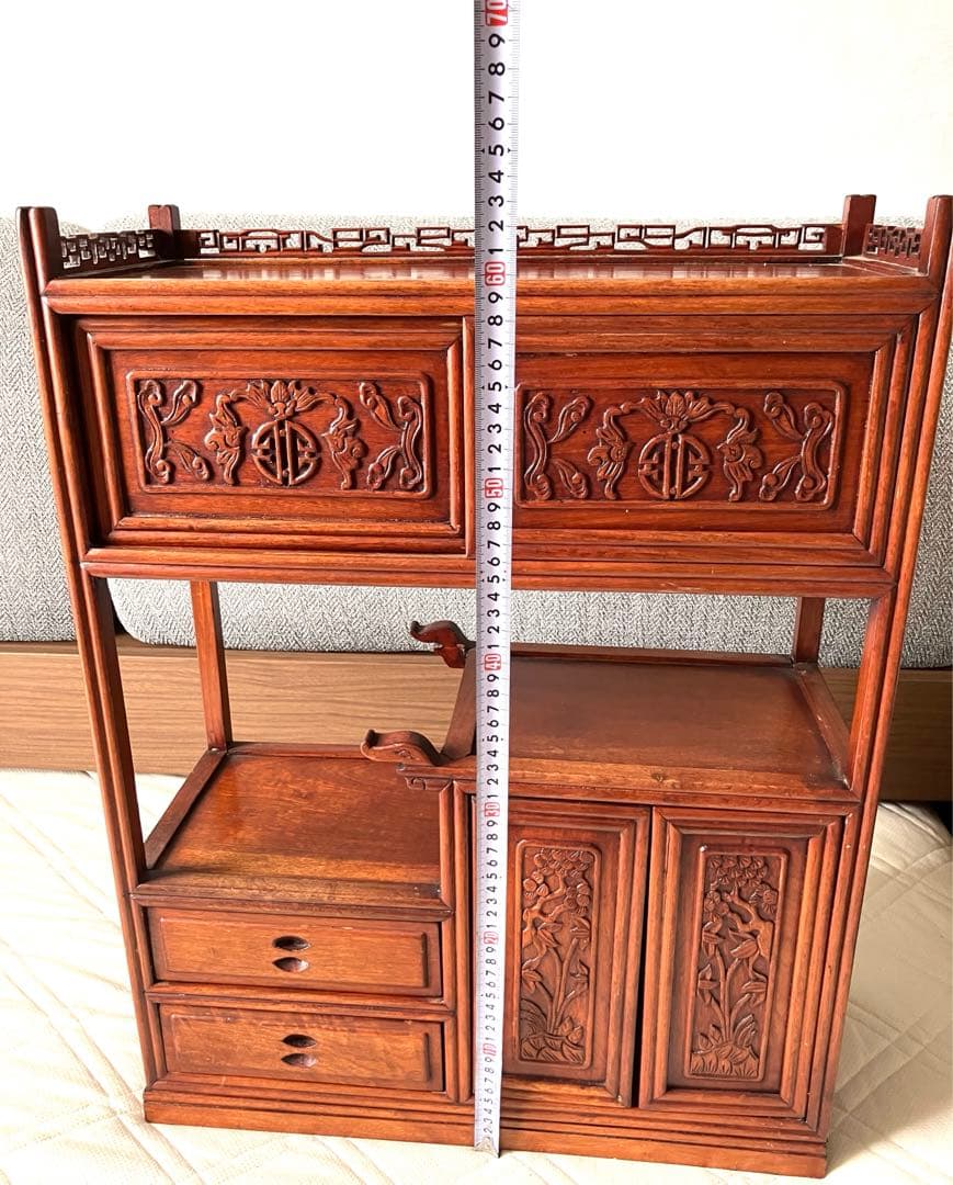 美品 唐木家具 本花梨 総無垢 茶棚 高級 茶道具 飾り棚 彫刻 煎茶道具骨董