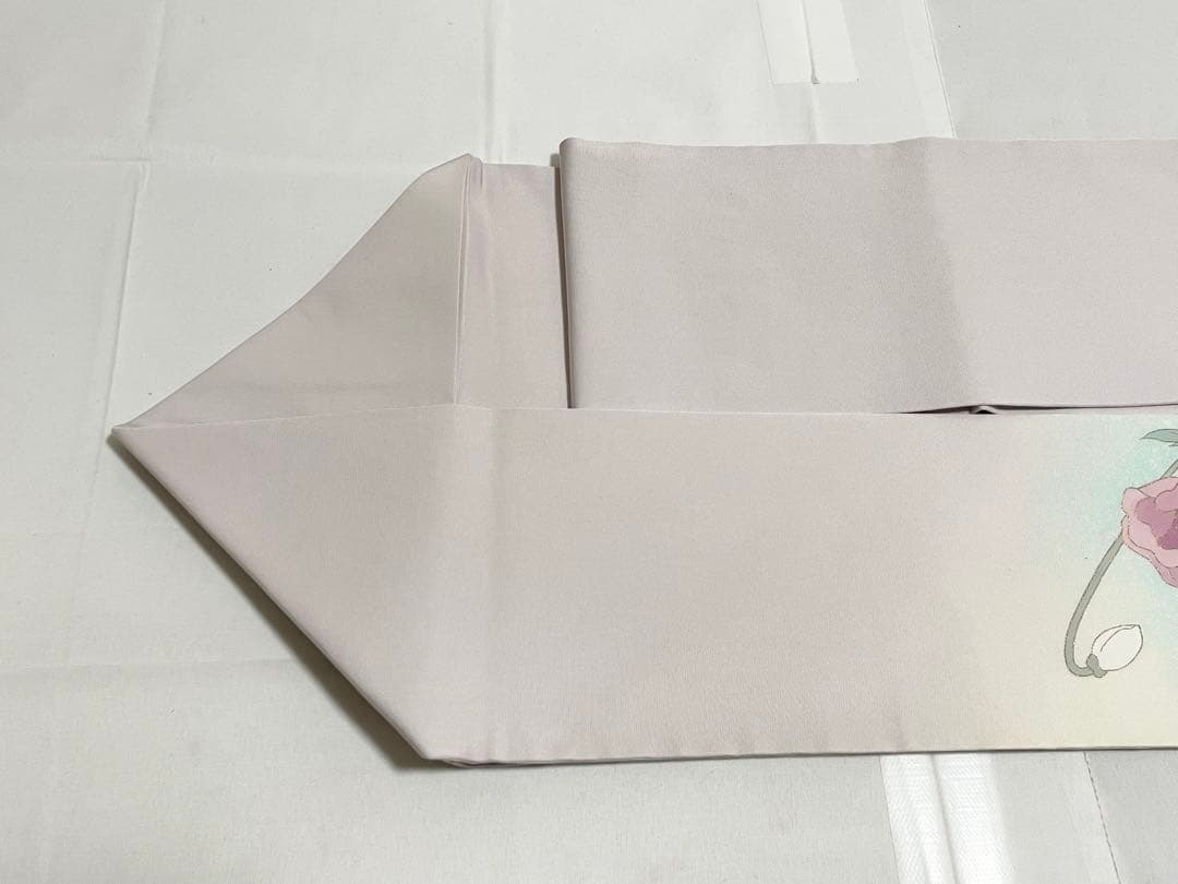 B5 塩瀬 作家物 落款入 ポピー 花模様 染め 紫 正絹 太鼓柄 名古屋帯