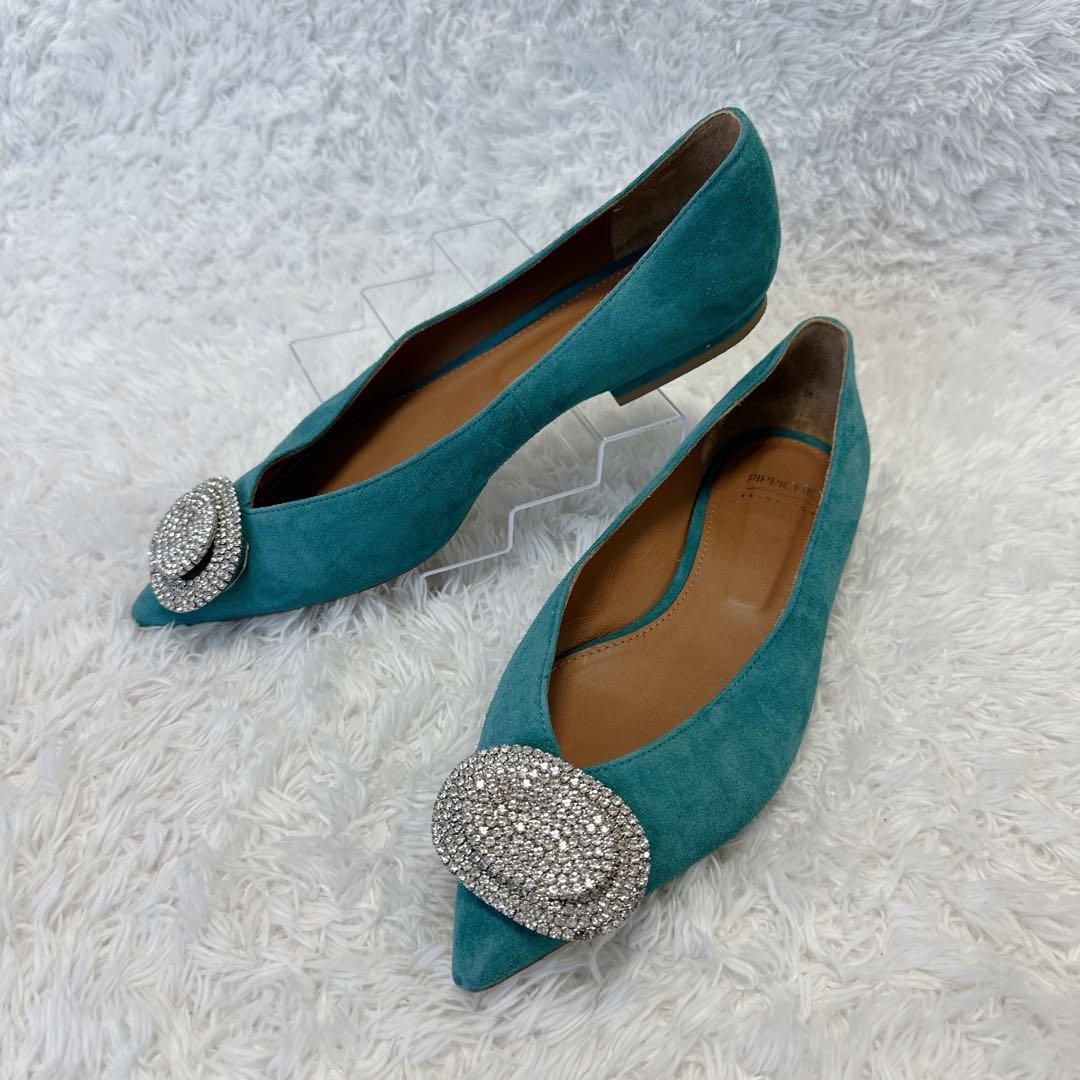 【良品】pippichic グリーン ビジュー付きフラットシューズ 37