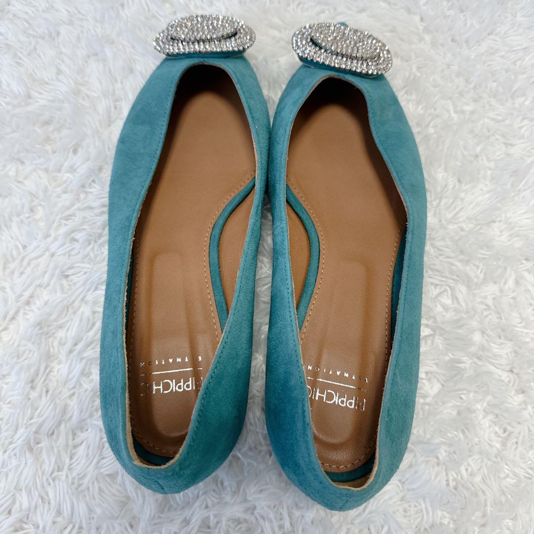 【良品】pippichic グリーン ビジュー付きフラットシューズ 37