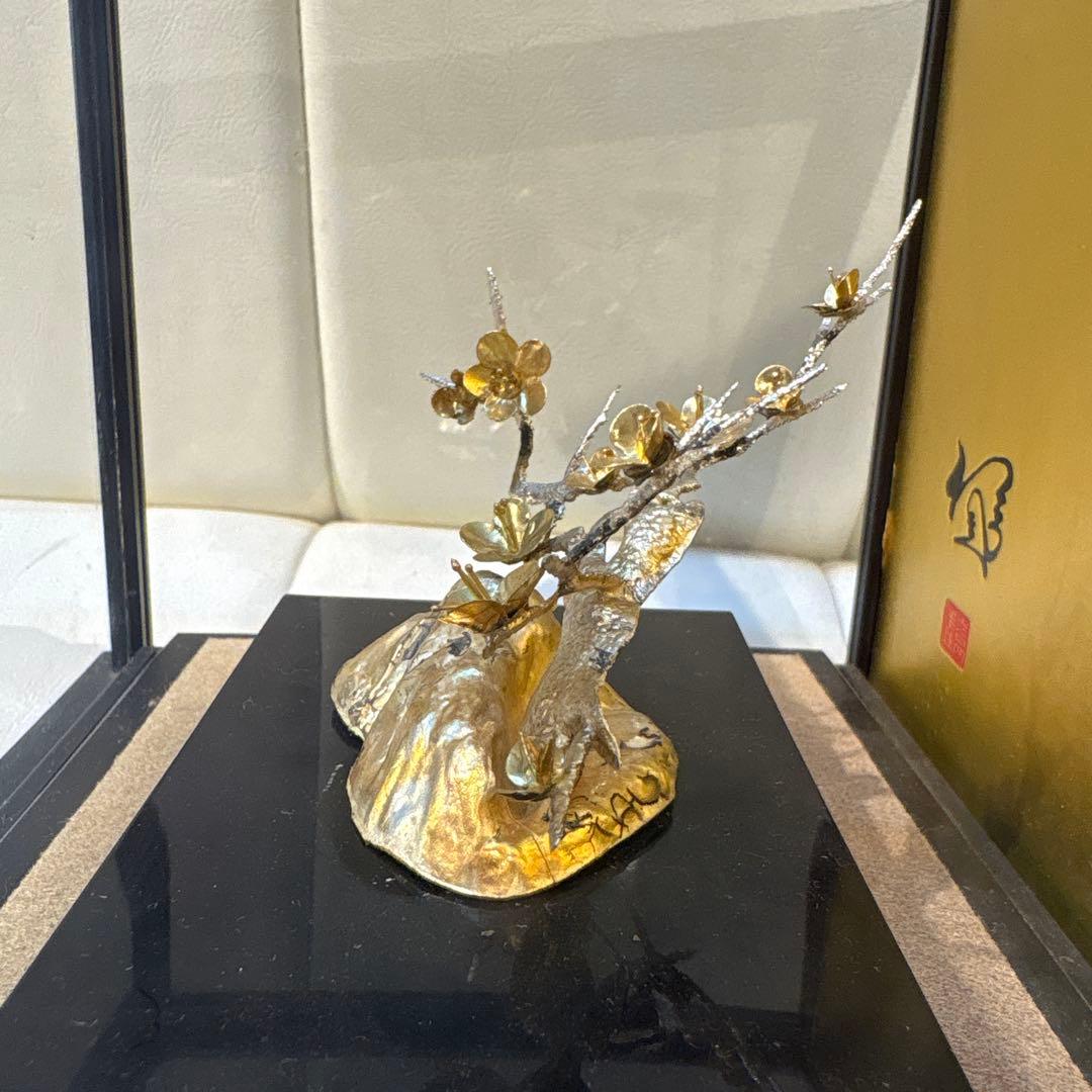 純銀製　松寿　置物　ガラスケース付き