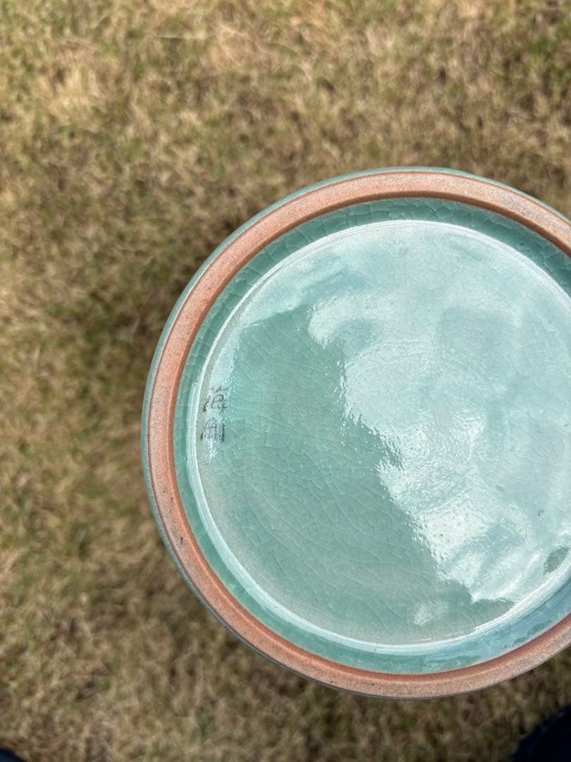 海剛 作　象嵌大壺　高さ43cm 鶴文　大型花瓶　韓国青磁　美品　陶磁器 置物