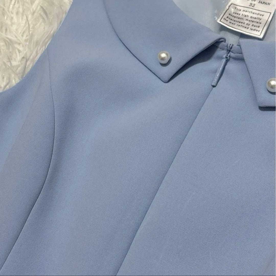 ルネ ノースリーブワンピース ドレス パール 襟つき ストレッチ　水色 32