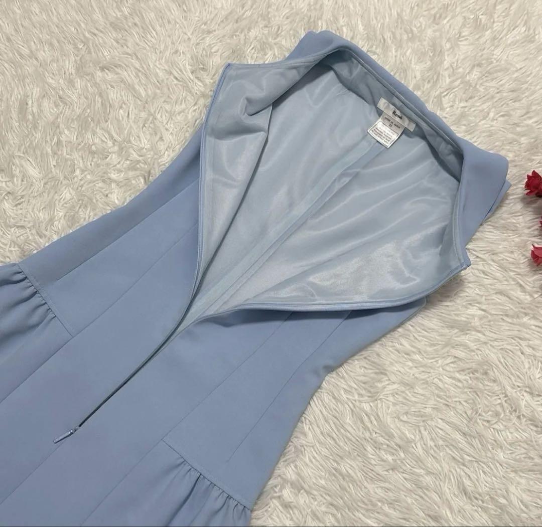 ルネ ノースリーブワンピース ドレス パール 襟つき ストレッチ　水色 32