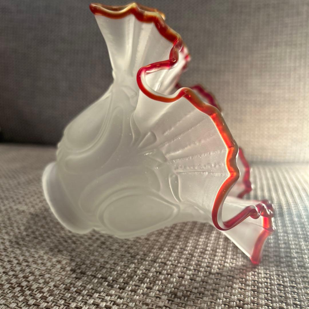 ランプシェード　フロストガラス　赤縁フリル　昭和レトロ　日本製　(14)