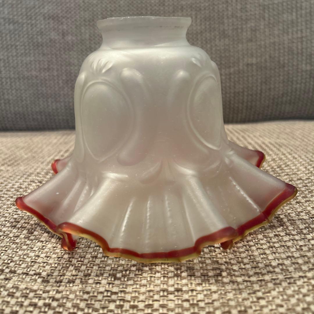 ランプシェード　フロストガラス　赤縁フリル　昭和レトロ　日本製　(14)