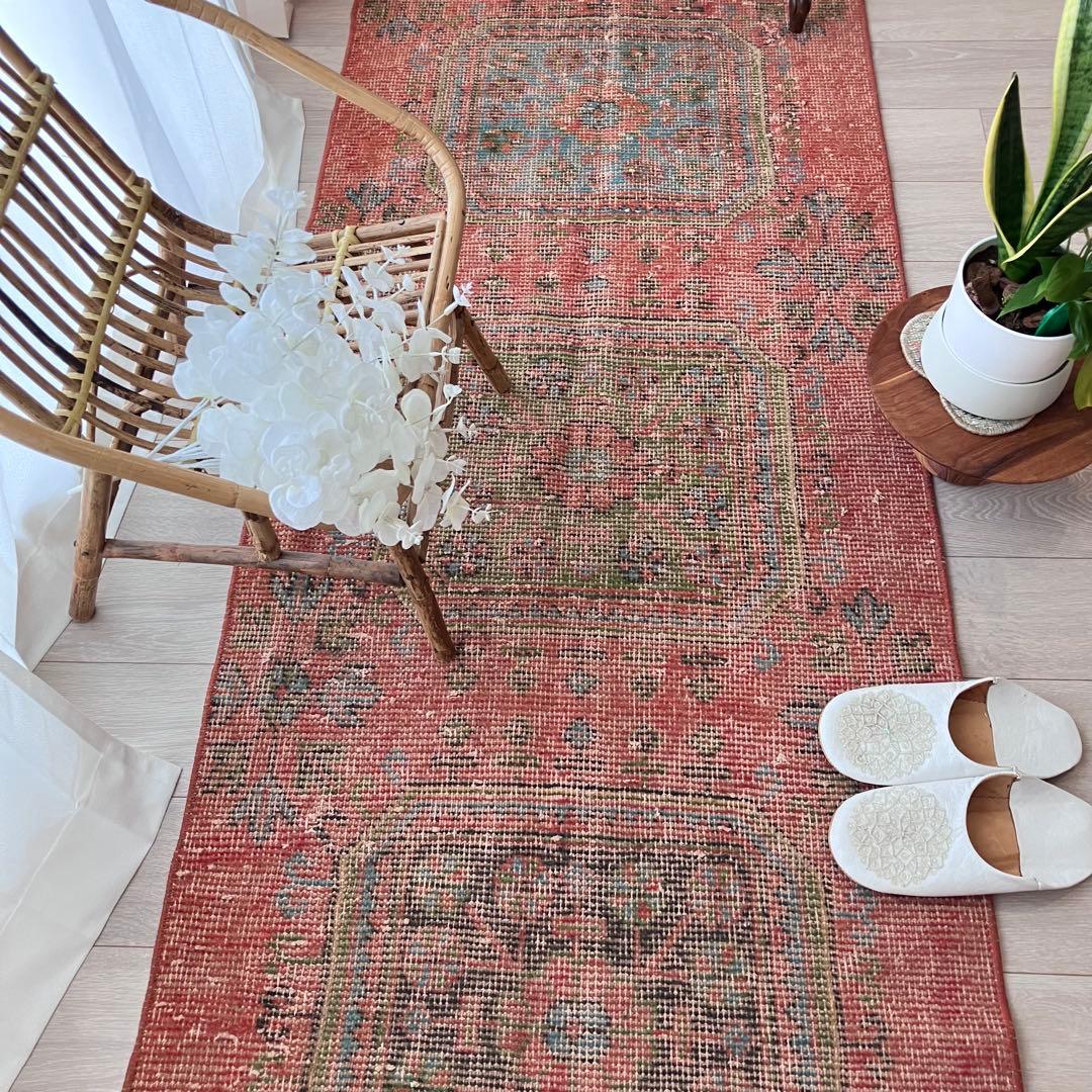 シャビーオレンジ78×190/ 3Box ブルーグリーン　トルコヴィンテージラグ