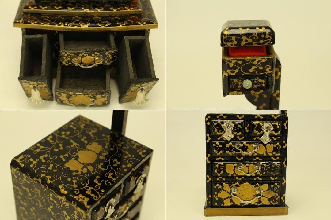 ミニチュア 雛道具 木製 蒔絵家具 重箱 針 鏡 揃い セット(ZE359)