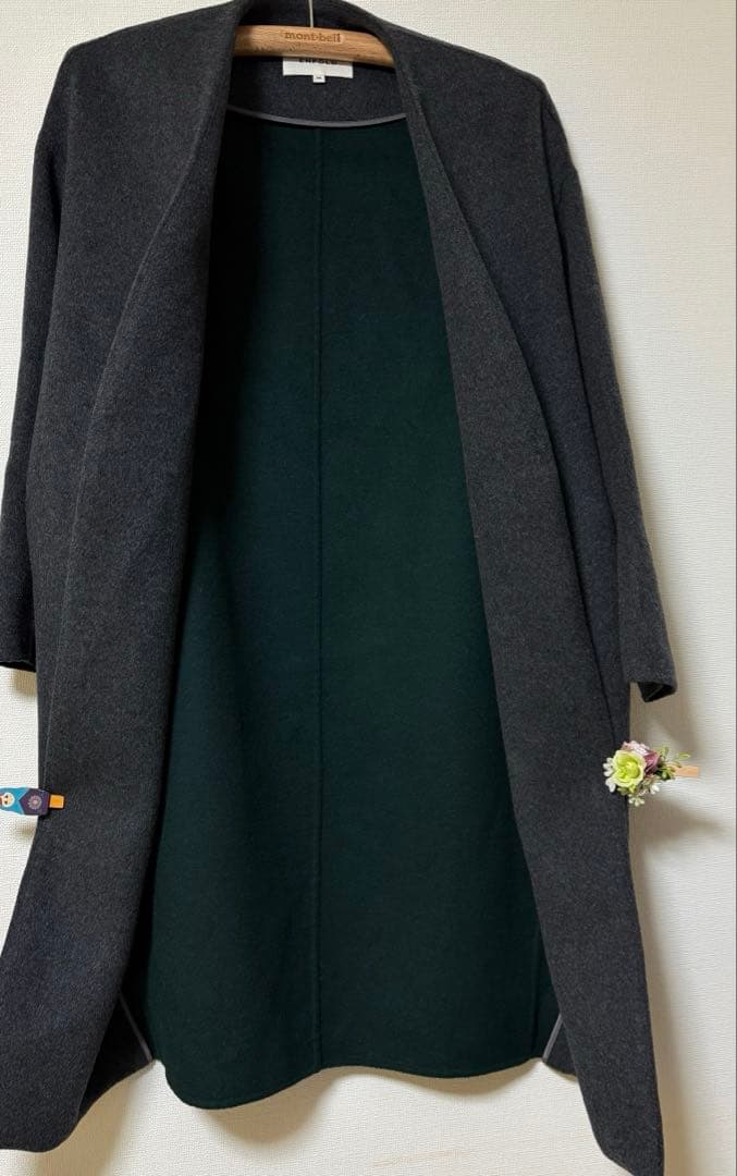 ENFOLD ウールリバー　ノーカラーコート　グレー　裏グリーン　36