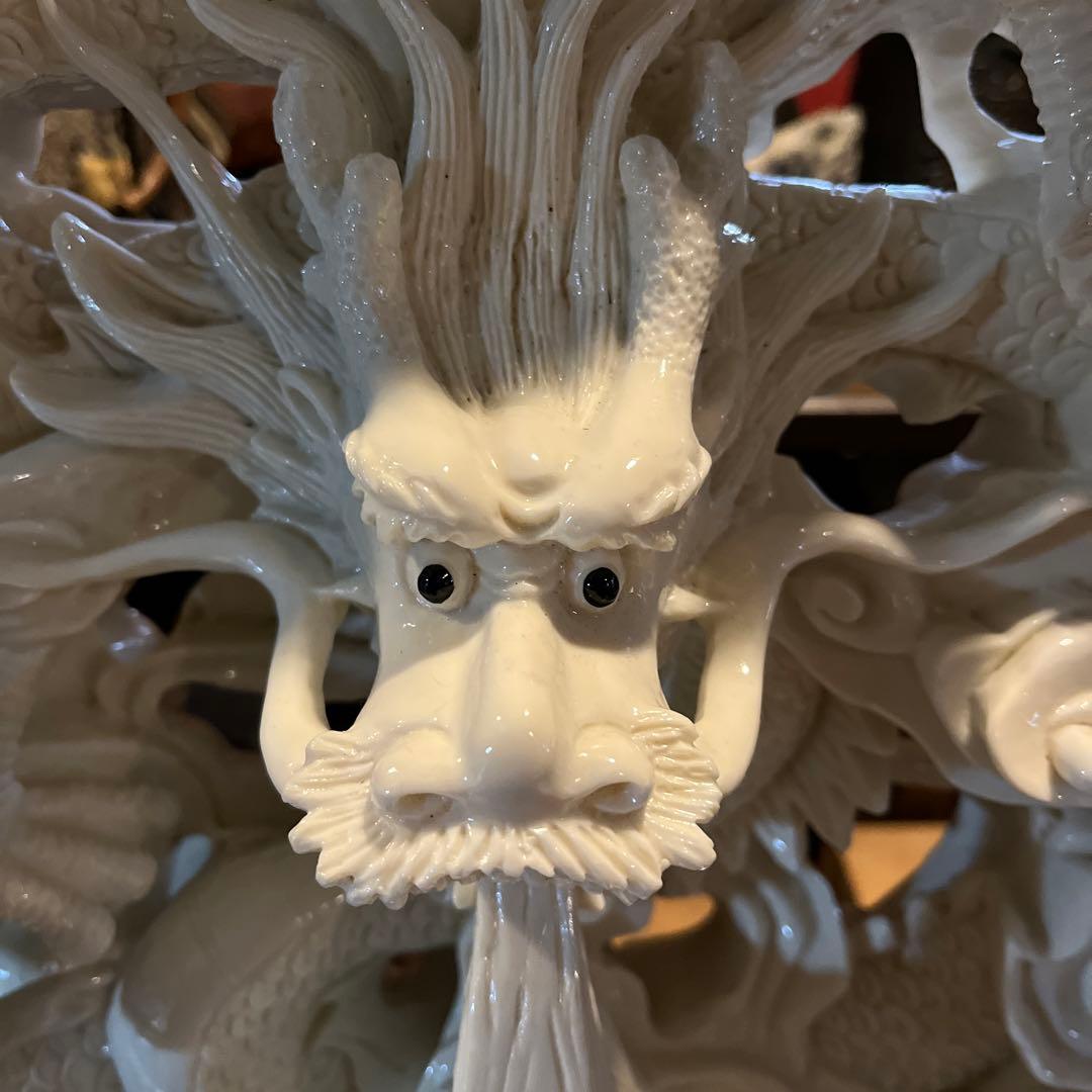 象牙風中国縁起置物、象牙風龍、中国繊細彫刻、中国天龍縁起置物、龍鯉城置物