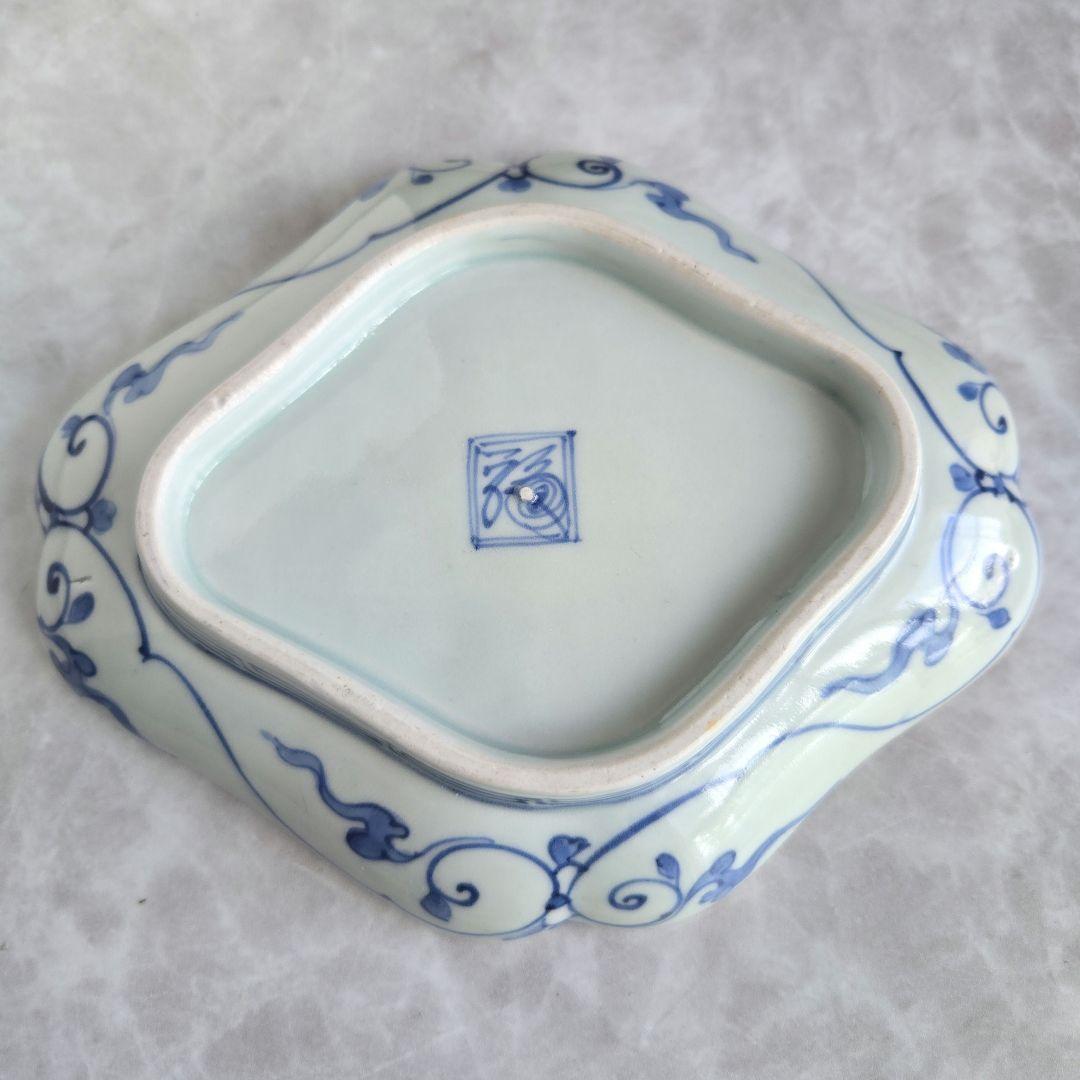 古伊万里　型紙摺　隅入菱皿　江戸時代　染付　変形皿　金直し　金継ぎ　アンティーク