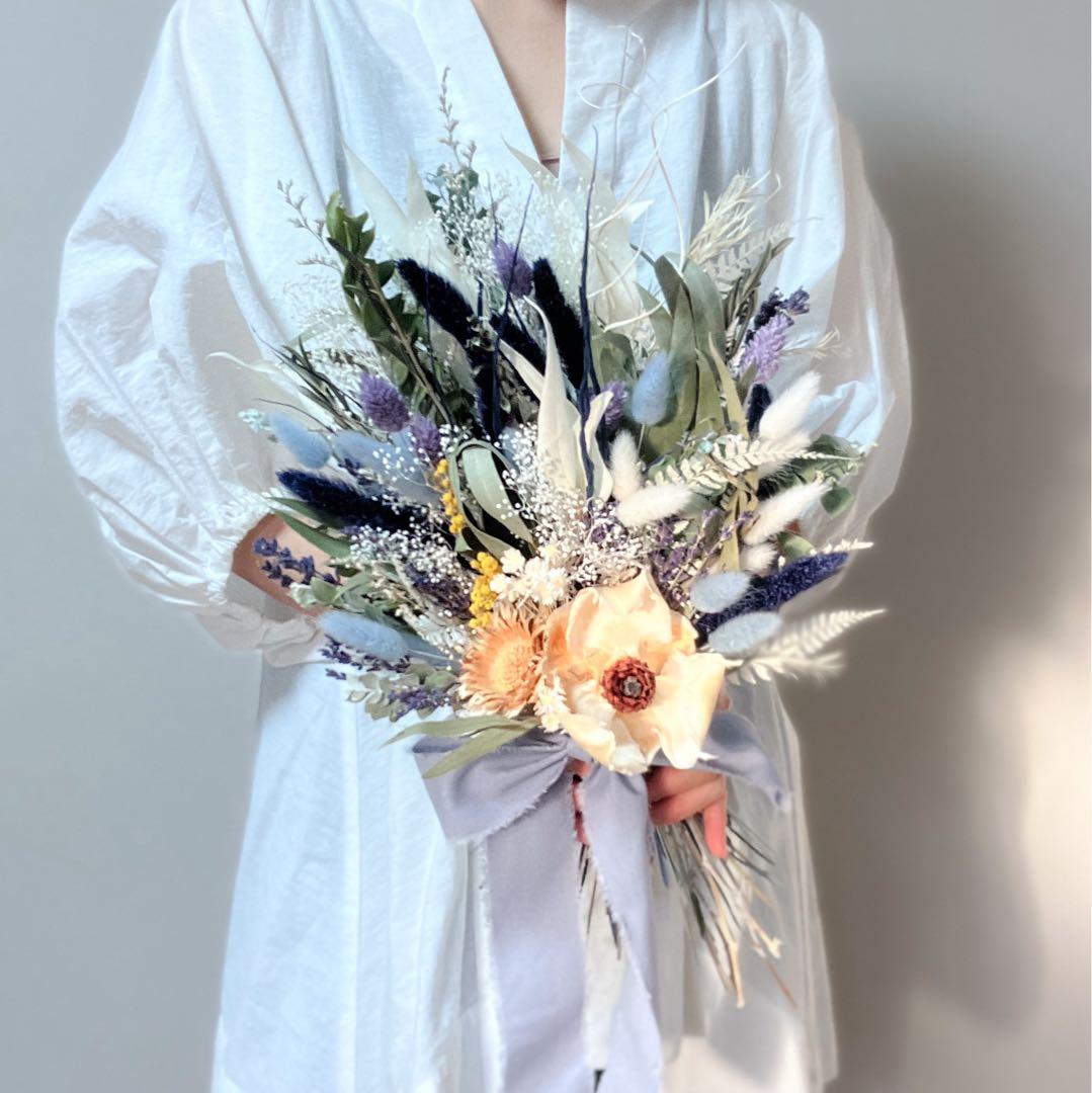 ドライフラワーブーケ　前撮り　ウェディング　ホワイト　ブルー　 韓国風