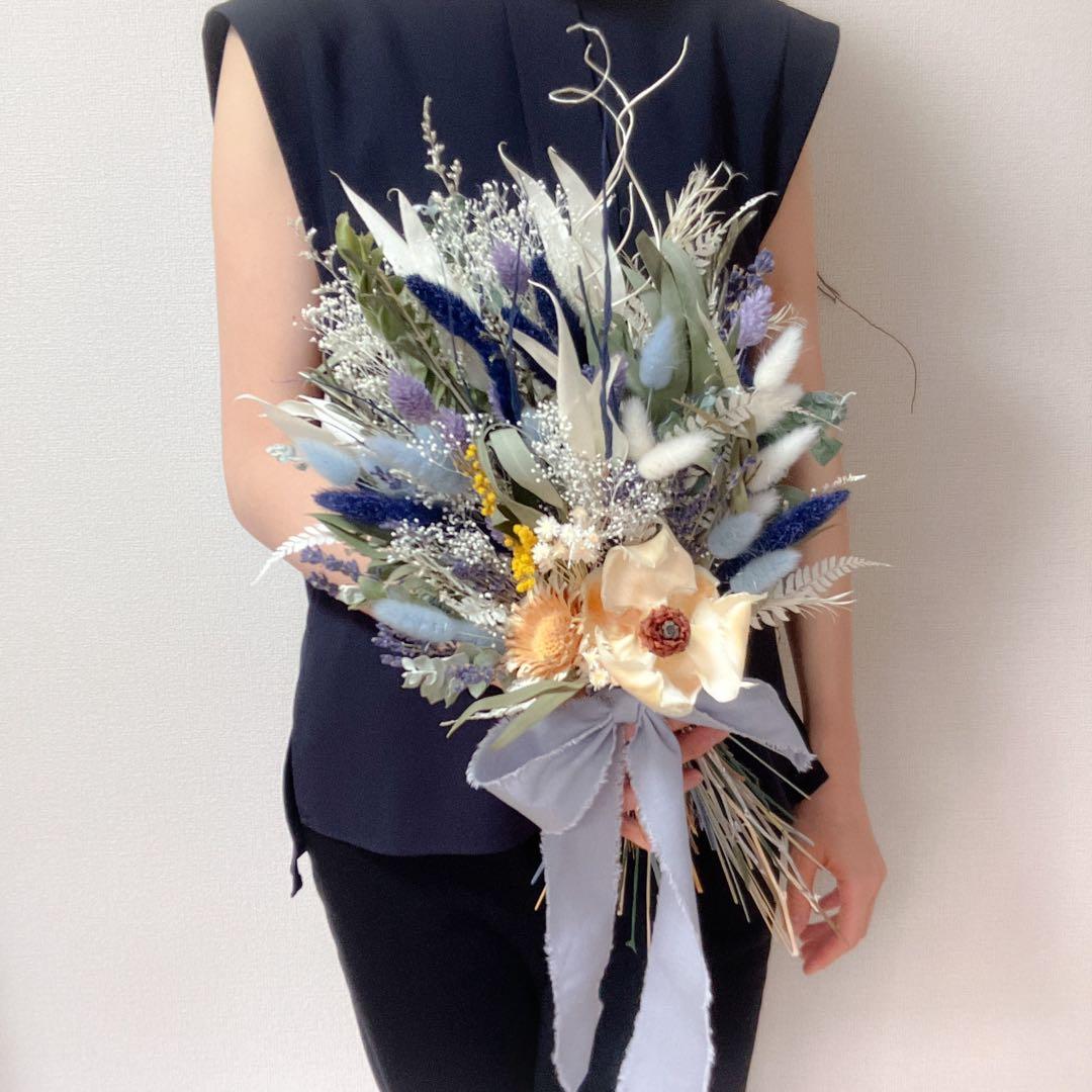 ドライフラワーブーケ　前撮り　ウェディング　ホワイト　ブルー　 韓国風