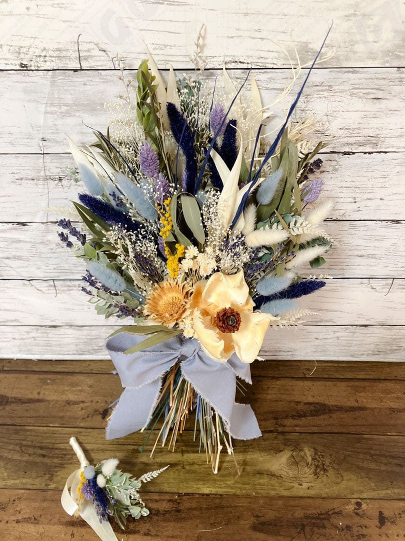 ドライフラワーブーケ　前撮り　ウェディング　ホワイト　ブルー　 韓国風