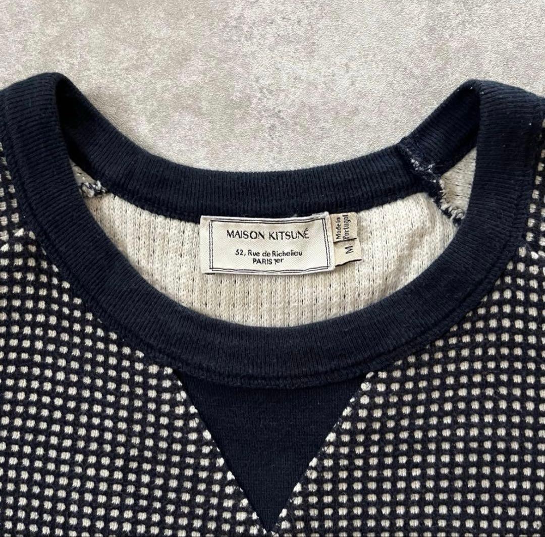 メゾンキツネ ラグランスウェット ワッフル 編み込み キツネ刺繍 トリコロール