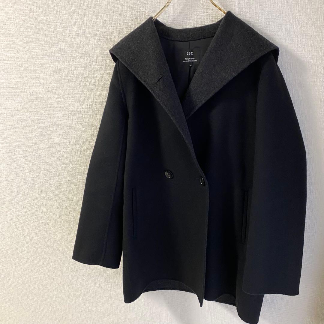 23区 ソフトリバーフーテッドコート　38 ブラック　黒