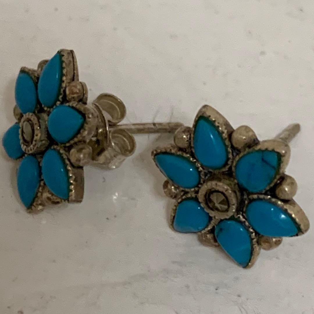 VINTAGE SILVER 925刻印 ターコイズ マーカサイト装飾 ピアス