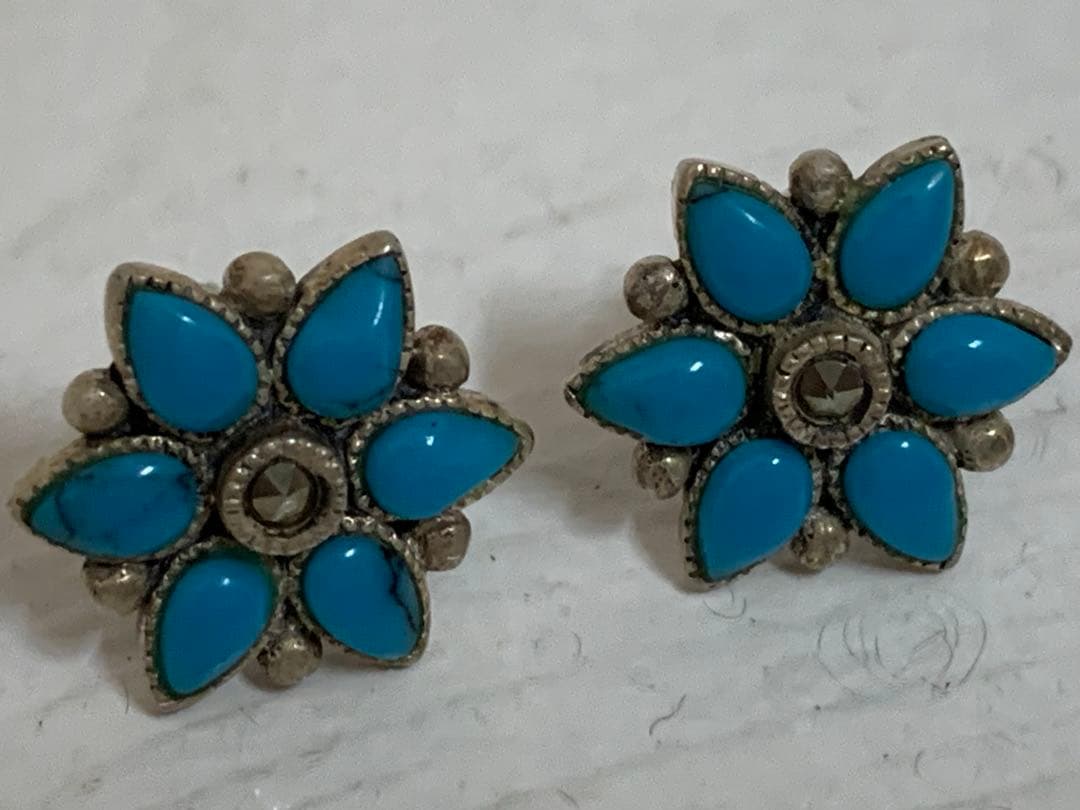 VINTAGE SILVER 925刻印 ターコイズ マーカサイト装飾 ピアス