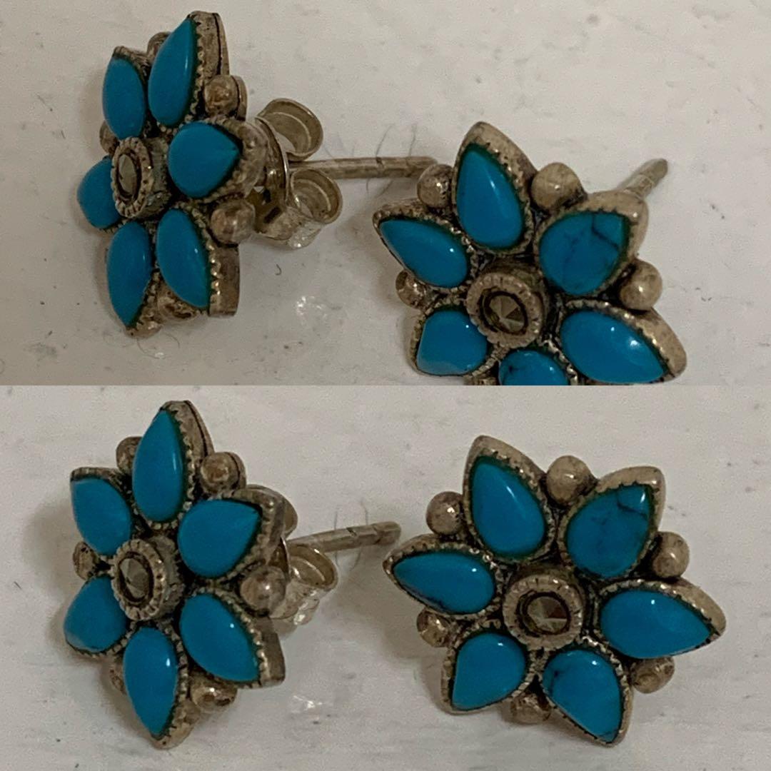 VINTAGE SILVER 925刻印 ターコイズ マーカサイト装飾 ピアス