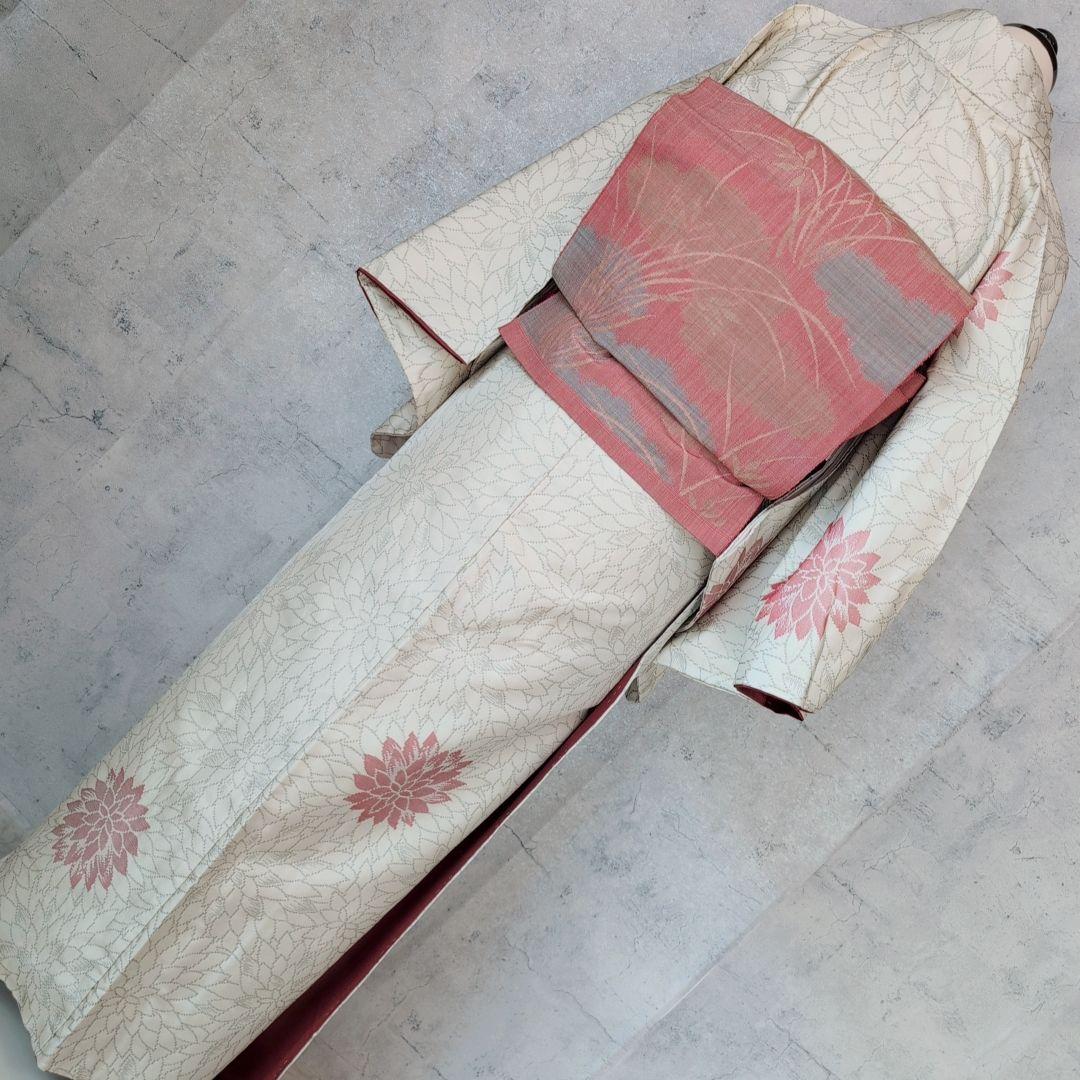 小紋　フルセット　着物　白地　花　しつけ糸　花　可愛い　おしゃれ　O3