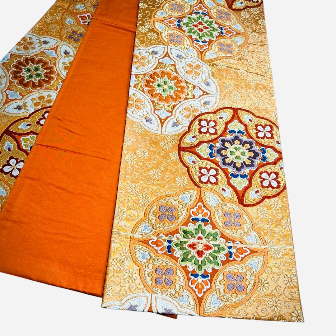 AA1袋帯 六通唐織華文柄 河合美術織物 金糸　八宝花 正絹 着物